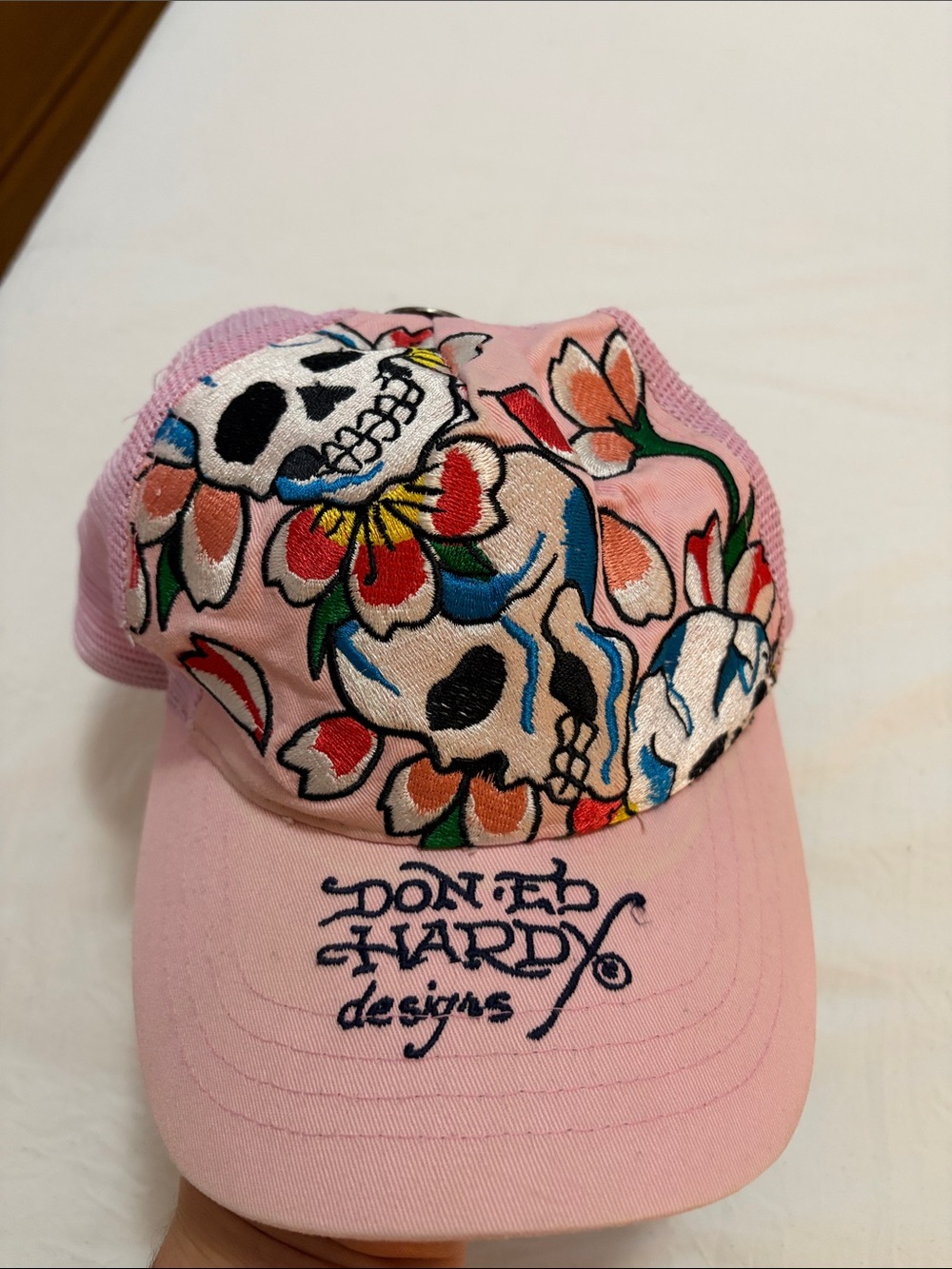 Vintage Y2K Ed Hardy Pink Skull Embroidered Cap